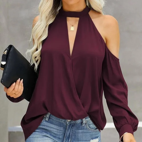 Boho Navy Blue Cut out Cold Shoulder Blouse - Picture 4 of 9